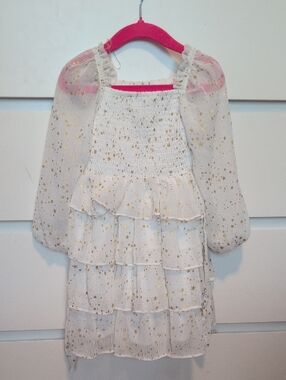 White Tiered Ruffle Dress with Gold Star Print